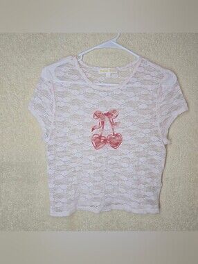 Juniors' Sugar Moon Short Sleeve Lace Cropped Tee Festival Bloom Pink Size XL